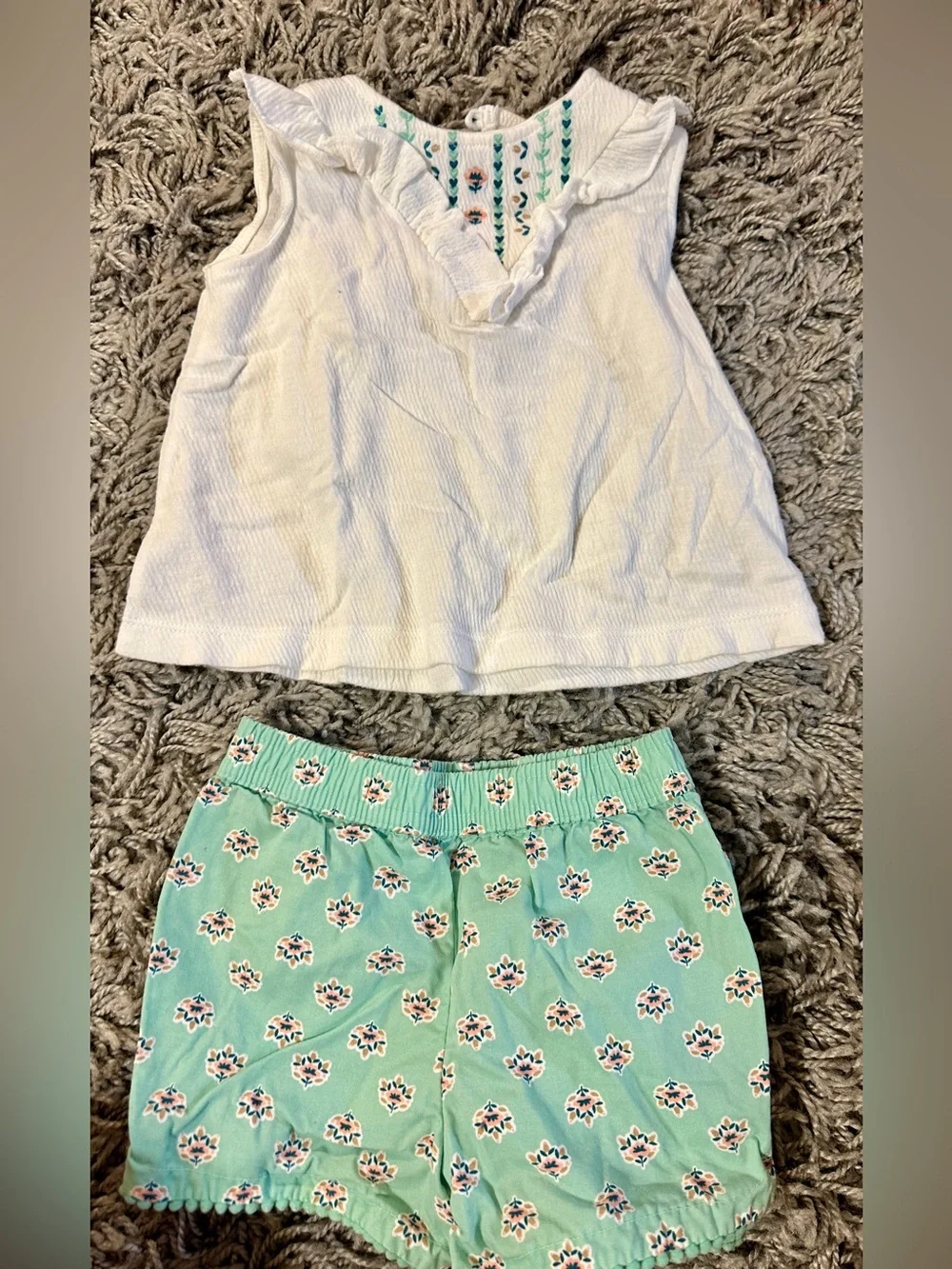 Carter's White Ruffle Tank with Mint Floral Athletic Shorts
